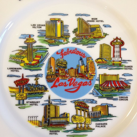 Vintage Schiff Las Vegas Souvenir Plate Gold Trim Sahara Stardust Hilton 10.25" - Picture 11 of 12